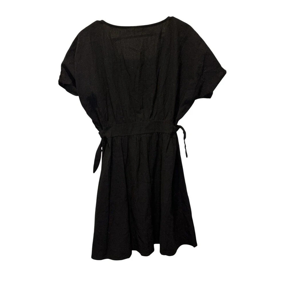 Womens Black Button Front Dress V Neck Tie Waist Short Sleeve Mini Large Classic - Picture 2 of 6